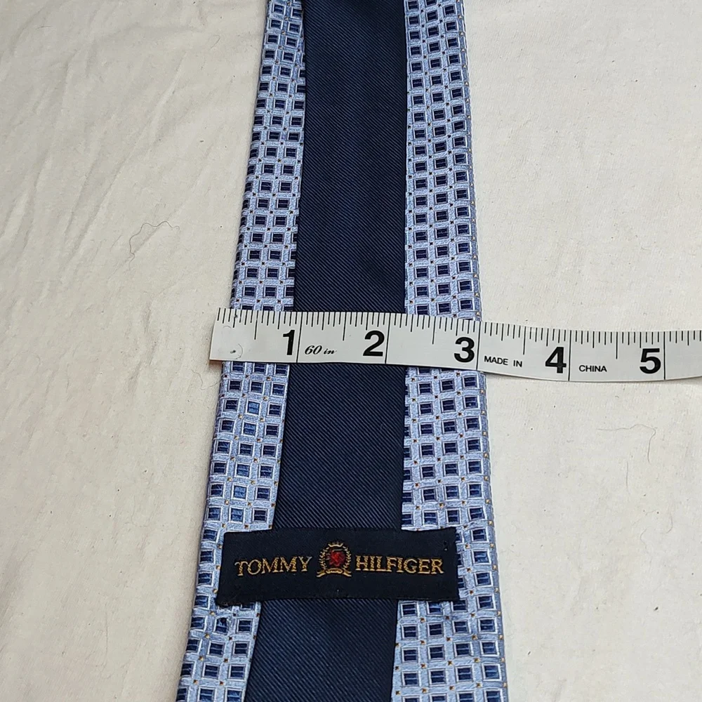 Tommy Hilfiger Silk Blue and Gold Square Pattern Tie 57 inches long